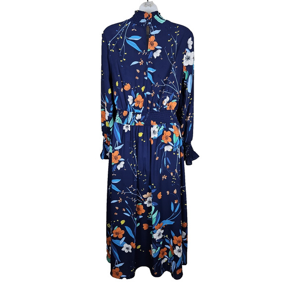 Nanette Lepore Floral High Lo Smocked Maxi Dress Ruffle Long Sleeve Navy Size 6 - Picture 3 of 16